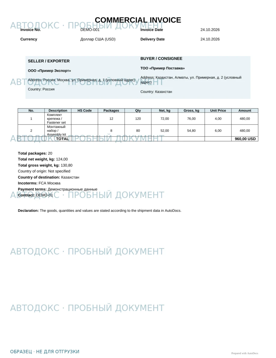 Демонстрационный образец Commercial Invoice на условных данных